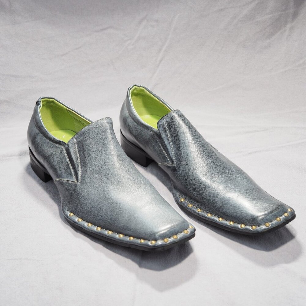 Moretti Black Label Shoes Men 12 Gray Loafer Dress Studded Riveted Bold Textured